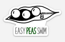 Load image into Gallery viewer, easy peas swim logo white vinyl sticker with pea pod and zipper with black and green letters 
